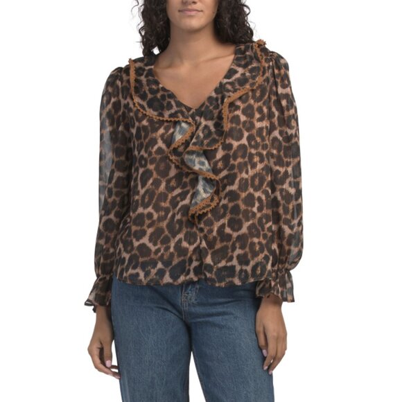 ADYSON PARKER leopard Leopard Blouse With Ruffle V-neck - Picture 1 of 2